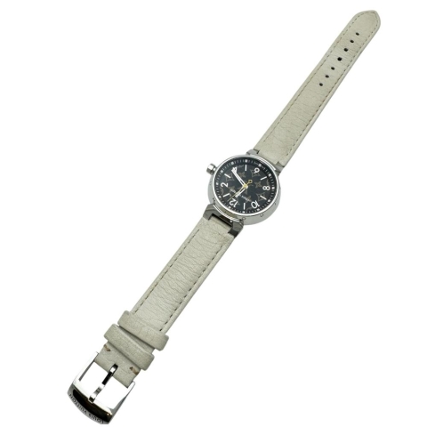 【LOUIS VUITTON/ルイ・ヴィトン】 タンブールPM QA070 腕時計 ステンレススチール/レザー クオーツ ブラウンモノグラム文字盤/ホワイトレザーベルト レディース【中古】【真子質店】【GD】【SMox】