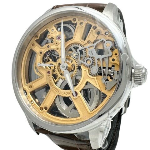 【MAURICE LACROIX/モーリスラクロア】 マスターピース MP7228  未使用 スケルトン 腕時計 ステンレススチール/レザー 自動巻き/オートマ ゴールド文字盤/ブラウンレザーバンド メンズ【中古】【真子質店】【GD】【IMiMax】