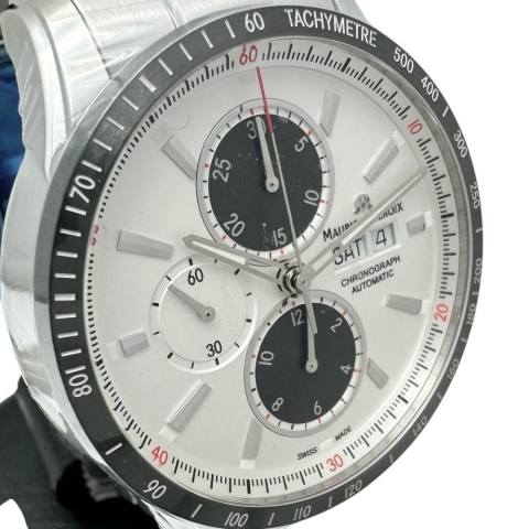 【MAURICE LACROIX/モーリスラクロア】 ポントス PT6038 未使用 クロノ 裏スケルトン 腕時計 ステンレススチール 自動巻き/オートマ ホワイト文字盤/シルバーベルト/グレーナイロン替えベルト メンズ【中古】【真子質店】【GD】【IMaMox】