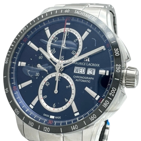 【MAURICE LACROIX/モーリスラクロア】 ポントス PT6038 未使用 クロノ 裏スケルトン 腕時計 ステンレススチール 自動巻き/オートマ ブルー文字盤/シルバーベルト/ブルーナイロン替えベルト メンズ【中古】【真子質店】【GD】【IMaMox】