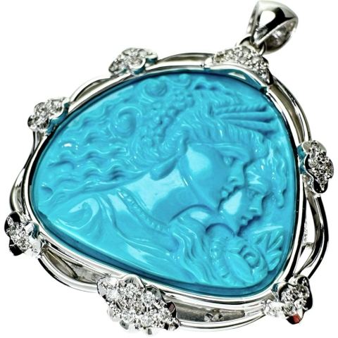 トルコ石カメオ　女性モチーフ トルコ石 18.92ct ダイヤモンド 0.28ct ペンダントトップ K18WGホワイトゴールド 18金 17.3g レディース【中古】【真子質店】【NN】【IMiMoS】