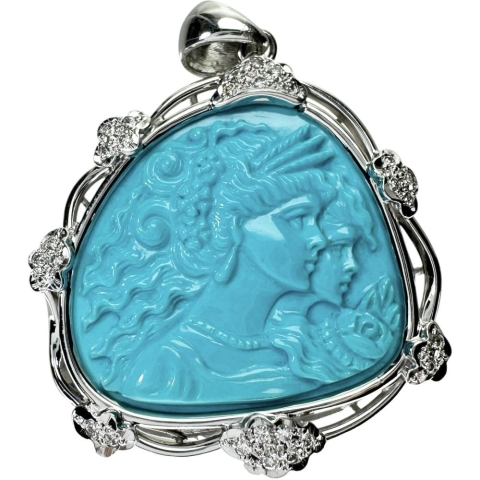 トルコ石カメオ　女性モチーフ トルコ石 18.92ct ダイヤモンド 0.28ct ペンダントトップ K18WGホワイトゴールド 18金 17.3g レディース【中古】【真子質店】【NN】【IMiMoS】