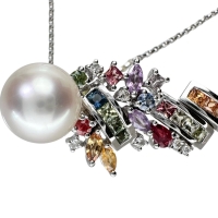 パール/真珠 9.3mm マルチサファイア 計2.15ct ダイヤモンド 計0.07ct ネックレス K18WGホワイトゴールド 18金 9.4g 45cm レディース【中古】【真子質店】【NN】【IxTMa】