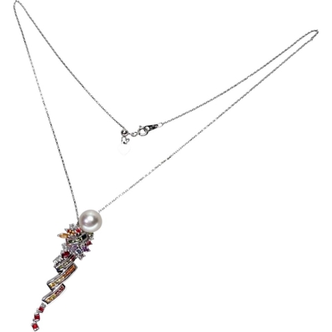 パール/真珠 9.3mm マルチサファイア 計2.15ct ダイヤモンド 計0.07ct ネックレス K18WGホワイトゴールド 18金 9.4g 45cm レディース【中古】【真子質店】【NN】【IxTMa】