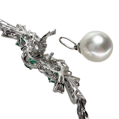 2WAY 白蝶真珠 13.2mm エメラルド 計0.72ct ダイヤモンド 計0.70ct ネックレス Pt850プラチナ/Pt900プラチナ(トップも分析済) 28.2g 40cm レディース【中古】【真子質店】【NN】【IMiIMo】