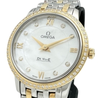 【OMEGA/オメガ】 デビル 424.25.27.60.55.001 8P&ダイヤモンド巻ベゼル 腕時計 ステンレススチール/イエローゴールド クオーツ シェル文字盤/シルバー、ゴールドコンビベルト レディース【中古】【真子質店】【GD】【TKMox】