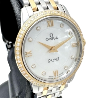 【OMEGA/オメガ】 デビル 424.25.27.60.55.001 8P&ダイヤモンド巻ベゼル 腕時計 ステンレススチール/イエローゴールド クオーツ シェル文字盤/シルバー、ゴールドコンビベルト レディース【中古】【真子質店】【GD】【TKMox】