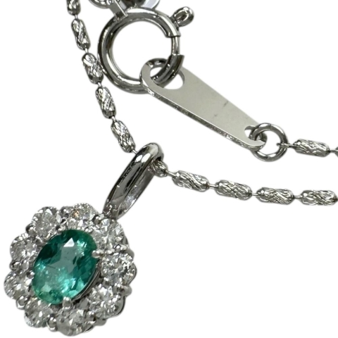 エメラルド 0.20ct ダイヤモンド 0.29ct ネックレス K18WGホワイトゴールド 18金 4.2g 55cm レディース【中古】【真子質店】【NN】【YTK】