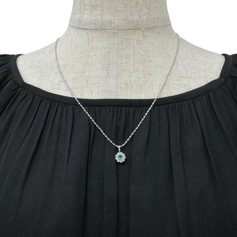 エメラルド 0.20ct ダイヤモンド 0.29ct ネックレス K18WGホワイトゴールド 18金 4.2g 55cm レディース【中古】【真子質店】【NN】【YTK】
