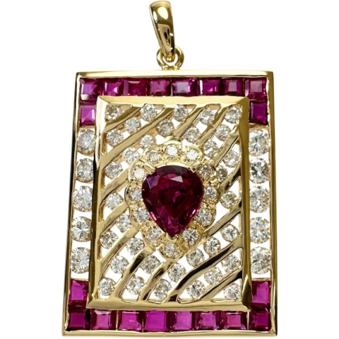 スクエア型 中央ルビー 1.35ct その他ルビー 0.60ct ダイヤモンド 0.97ct ペンダントトップ K18ゴールド 18金 7.6g レディース【中古】【真子質店】【NN】【ITIx】