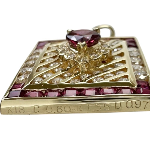 スクエア型 中央ルビー 1.35ct その他ルビー 0.60ct ダイヤモンド 0.97ct ペンダントトップ K18ゴールド 18金 7.6g レディース【中古】【真子質店】【NN】【ITIx】