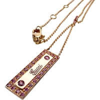 【GUCCI/グッチ】 ロゴプレート ピンクサファイア ネックレス K18PGピンクゴールド 18金 7.1g 38・40・42cm レディース【中古】【真子質店】【GD】【IIxx】