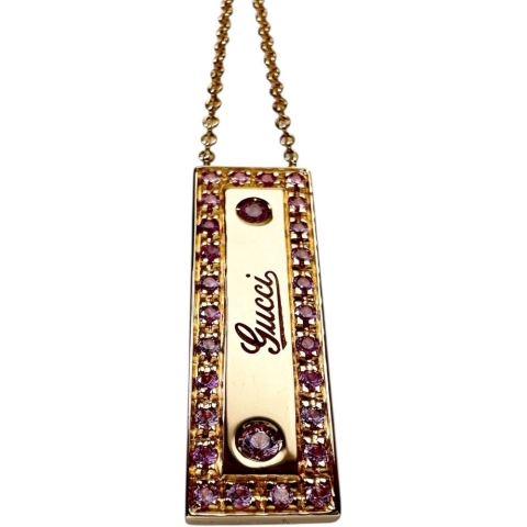 【GUCCI/グッチ】 ロゴプレート ピンクサファイア ネックレス K18PGピンクゴールド 18金 7.1g 38・40・42cm レディース【中古】【真子質店】【GD】【IIxx】