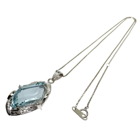 アクアマリン 11.41ct ダイヤモンド 計0.12ct ネックレス Pt900プラチナ/Pt850プラチナ 13.4g 40.5cm レディース【中古】【真子質店】【NN】【IMoxx】