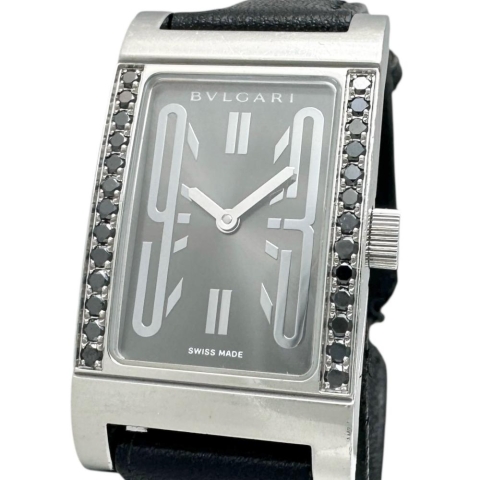 【BVLGARI/ブルガリ】 RT39S レッタンゴロ 腕時計 ステンレススチール/レザー/ダイヤモンド（ブラック） クオーツ グレー文字盤/ブラックレザー社外ベルト レディース【中古】【真子質店】【GD】【MoKT】