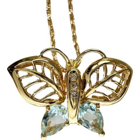 蝶/バタフライモチーフ アクアマリン ダイヤモンド ネックレス K18ゴールド 18金 5.4g 40cm レディース【中古】【真子質店】【NN】【SDY】