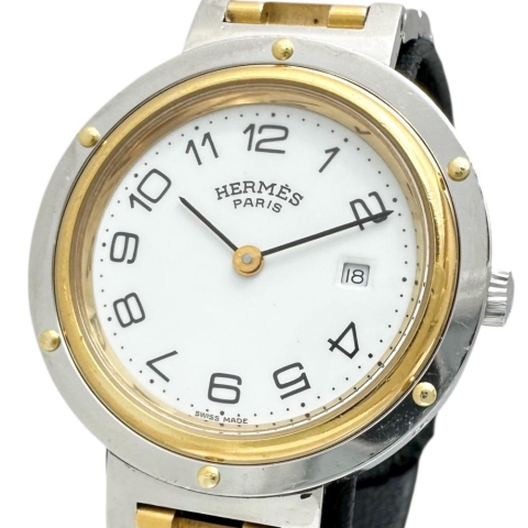 【HERMES/エルメス】 クリッパー 腕時計 ステンレススチール/GP クオーツ ホワイト文字盤/ゴールドシルバーコンビベルト レディース【中古】【真子質店】【NN】【MaMax】